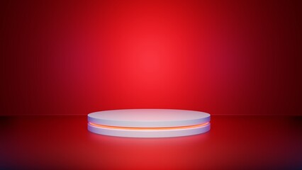 Display stand on red background. 3d podium in neon colors and gradient.