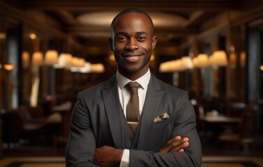 African american businessman proudly posing with crossed arms in a hotel, financial responsibility image - obrazy, fototapety, plakaty