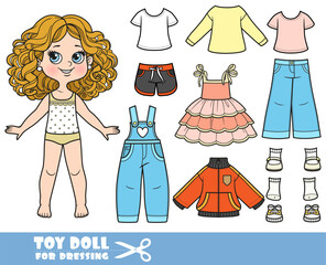 Cartoon girl with curle haired and clothes separately -  sundress, shirts, denim overalls, jacket, jeans and sandals doll for dressing