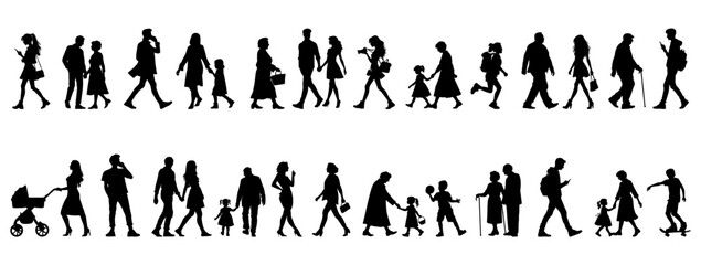 vector illustration. silhouettes of people walking along the street. Large set of characters of different ages.