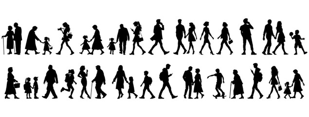 vector illustration. silhouettes of people walking along the street. Large set of characters of different ages.