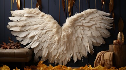 Fototapeta na wymiar Ethereal white feathery wings with metallic.UHD wallpaper