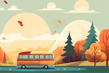 Illustration of autumn landscape with van, selective focus