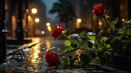 At night in the city with rainy weather there is a rose lying on the street with thick branches and green leaves