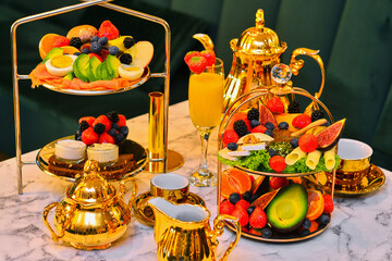 Delicious table setting in an expensive restaurant with fresh food