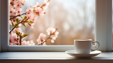 White cup with fragrant coffee by the window on an spring day - obrazy, fototapety, plakaty