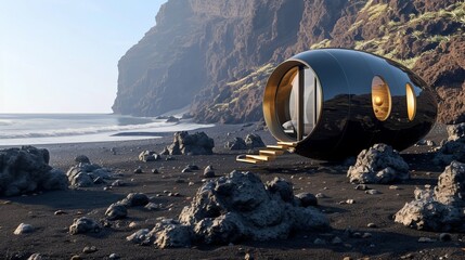 Obraz premium Black glossy tiny house in black desert on beach, capsule round form, sunny day, stones, dark style