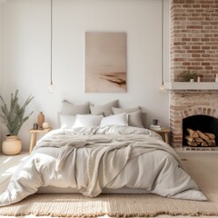 Fototapeta na wymiar Cozy Modern bedroom with Stylish Decor and Bed With brickwall , wall Art , Poster , Interior Design , close up , illustration , bedroom 