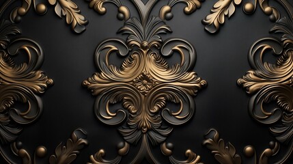 A 3D rendering of a gold ornament on a black background. 