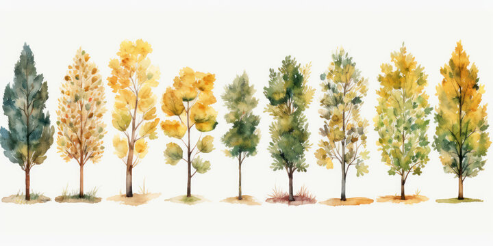 set of watercolor painted trees