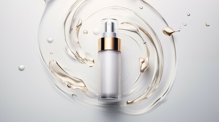 A white and gold bottle of cosmetic skincare product on a white background. 