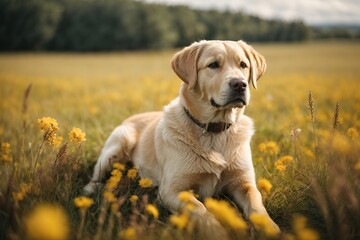 Perro labrador retriever, echado y alerta, en una pradera en el campo - obrazy, fototapety, plakaty