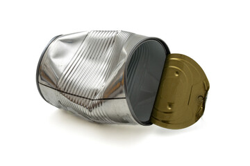 crushed tin can. isolated on white background