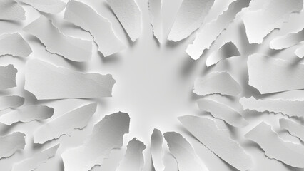 3d render, messy torn blank paper pieces isolated on white background. Empty banner. Round hole....