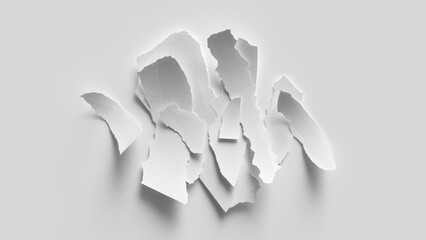 3d render, messy pile of torn blank paper pieces isolated on white background. Abstract minimalist...