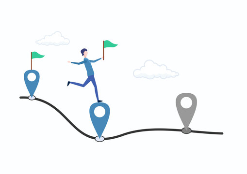 Business roadmap, achieving project and success. Workflow and process timeline for business journey. Step planning and progress concept. Businessman running towards location pin on the roadmap.