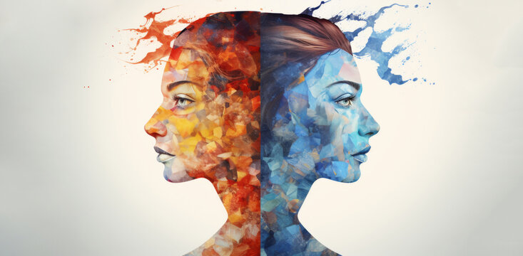 Artwork of a woman and man's faces symbolizes spiritual duality and emotional conflict.