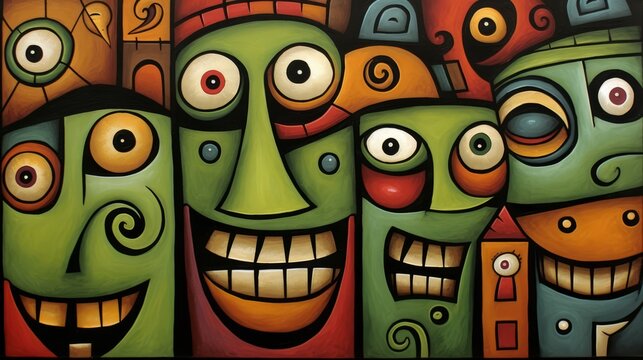 Artwork with a lowbrow style shows a group of expressive, symmetric faces.