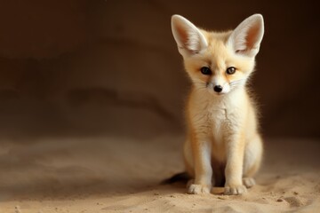 Naklejka na ściany i meble A small fox is seen sitting on sandy ground, showcasing its natural habitat.
