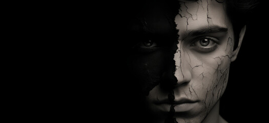 A monochrome portrait of a man explores the spiritual duality of light and darkness.