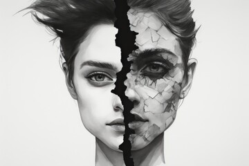 A monochrome portrait of a woman reveals a fractured face, symbolizing brokenness. - obrazy, fototapety, plakaty