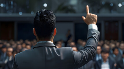 Asian businessman raises his hand to ask a question at a seminar speaker, wearing a suit, other listeners sit and listen, view from behind.