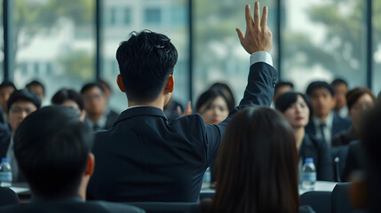 Asian businessman raises his hand to ask a question at a seminar speaker, wearing a suit, other listeners sit and listen, view from behind. - obrazy, fototapety, plakaty