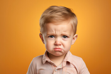 Portrait of unhappy little boy looking at camera isolated over yellow background