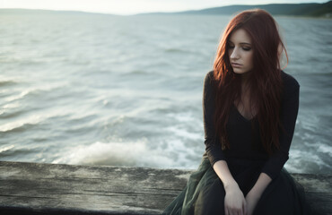 A red-haired woman sitting on a dock symbolizes tranquility and introspection.