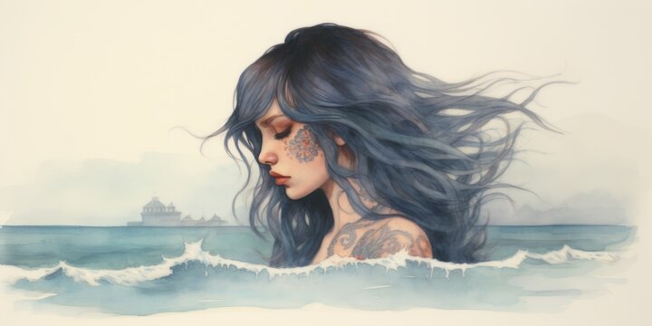 An artwork portrays a woman, her face adorned with tattoos, symbolizing personal expression.