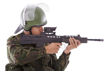 Military, warrior and sniper with man and gun in studio for war, conflict and shooting. Army,...