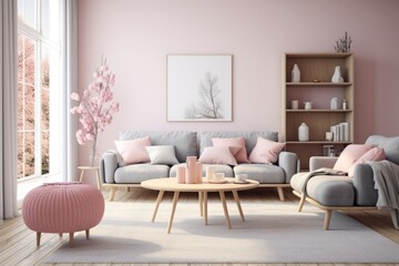 Cozy Modern Living Room with Elegant Decor and Soft Tones , pInk color , wall Art , Poster , Interior Design