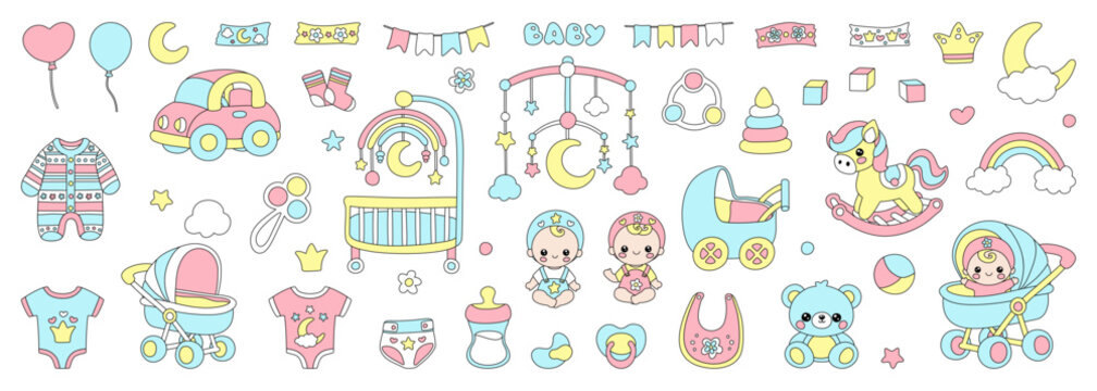 Baby care icon set for newborn girls and boys. Cartoon nursery pastel collection with toys, rocking horse, cradle and clothes for kindergarten. Vector illustration isolated on white background.