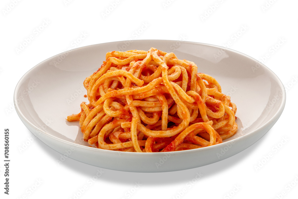 Poster Square spaghetti, called spaghetti alla chitarra in Italy, pasta topped with red tomato sauce in a white plate isolated