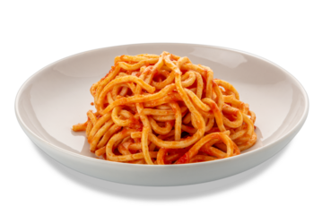 Square spaghetti, called spaghetti alla chitarra in Italy, pasta topped with red tomato sauce in a white plate isolated