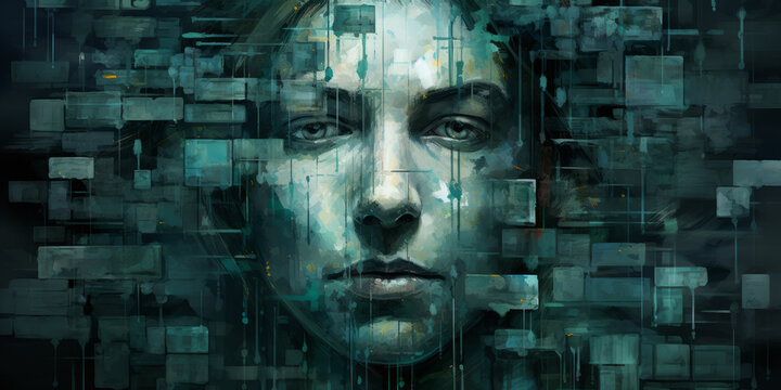 A digital painting showcases the face of a beautiful neuromancer.