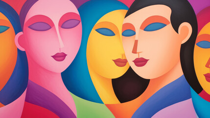 A group of three women with distinctively colored faces are portrayed, celebrating diversity.