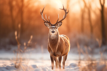Red deer on snow ground in the forest with morning light background