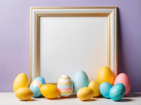 Happy easter, colorful eggs and empty picture frame on light purple background for your decoration in holiday. copy space.