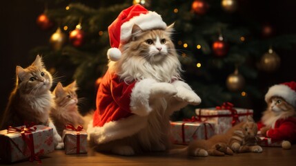 Cat dressed up as Santa Claus handing out gifts to cute kittens around Christmas tree