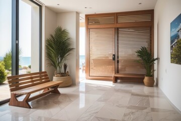 Interior home design of modern entrance hall with louvered doors and chairs in a coastal home