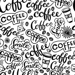 Coffee seamless vector pattern doodle style, different hand lettering words with cup and flowers . Grunge endless texture. Eat good, feel good. Enjoy your meal. Seamless texture for menu design. - obrazy, fototapety, plakaty