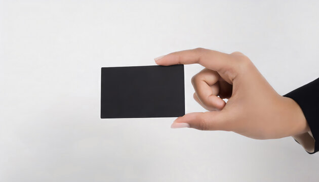 Cropped close up of human hand showing black empty blank card on gray background with copy space