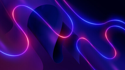 3d render. Abstract background of folded paper and red blue curvy neon line glowing in the dark. Modern minimalist wallpaper