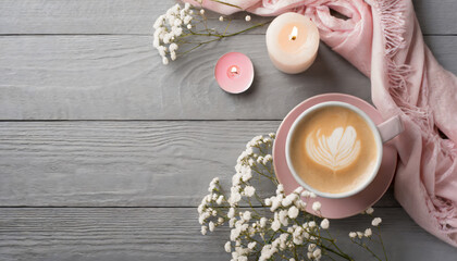 Fototapeta na wymiar Top view of cup of coffee, candles, gypsophila flowers and pink scarf on grey wooden background with copy space