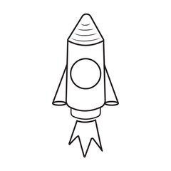 The launch vehicle icon has a black outline. A toy rocket takes off, spewing smoke. in the doodle style, coloring book