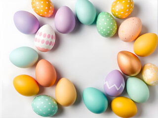 Fototapeta na wymiar Happy easter, colorful eggs on white background for your decoration in holiday. copy space. top view, flat lay