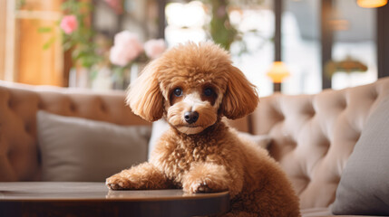 Cute poodle dog sitting on the sofa in a pet-friendly cafe