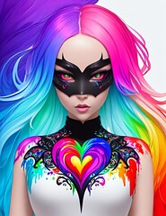Fantasy art portrait of girl in black mask and colorful rainbow heart