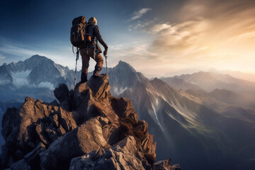 Climber man climbing a large mountain at sunset. The concept of mountain tourism, travel, leadership, on the top. - obrazy, fototapety, plakaty